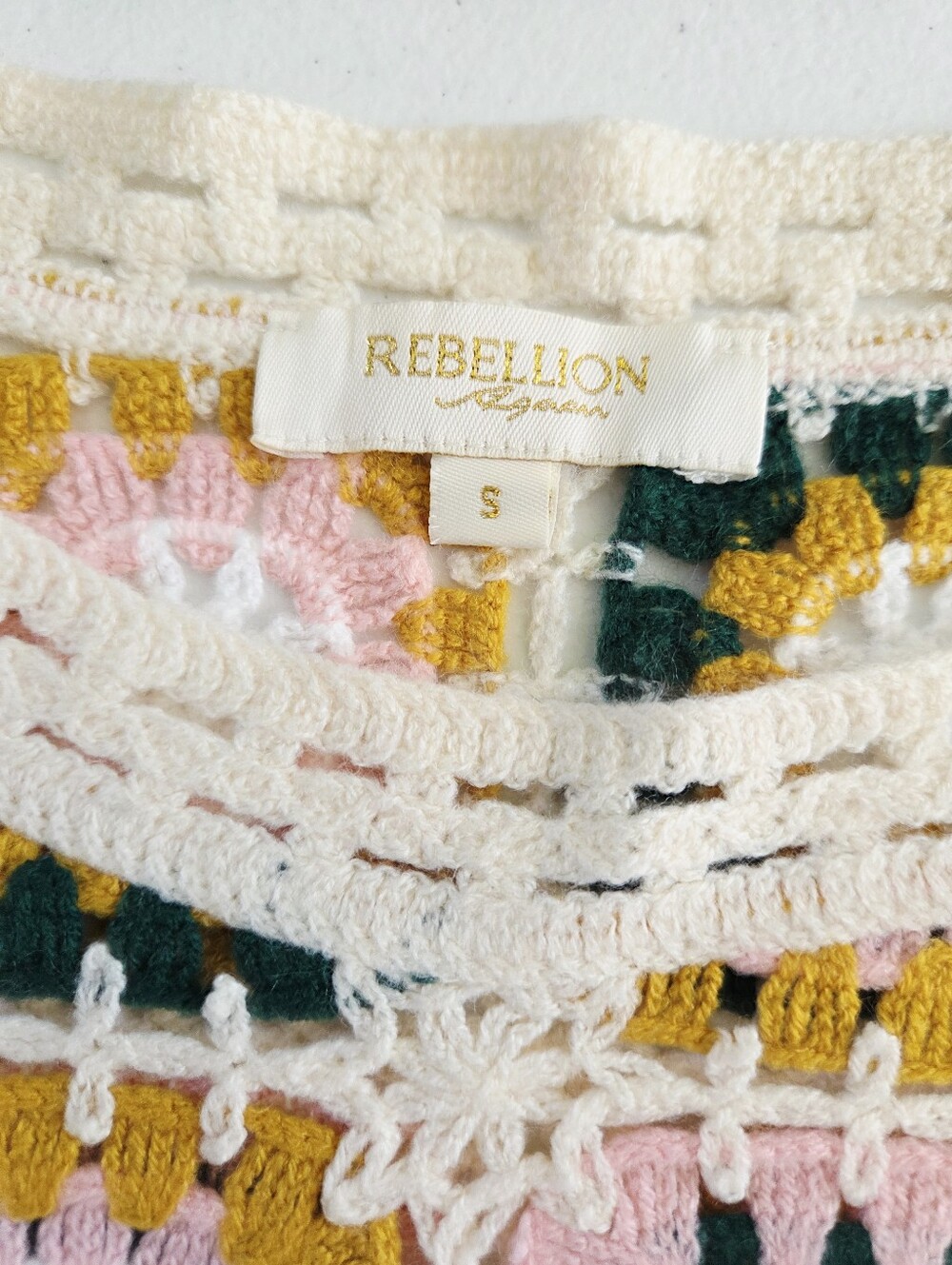 Rebellian Again Boho Crochet Sweater Cream, Mustard, Pink, Dk Green small - Picture 4 of 10
